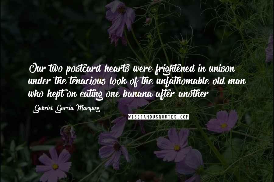 Gabriel Garcia Marquez Quotes: Our two postcard hearts were frightened in unison under the tenacious look of the unfathomable old man who kept on eating one banana after another