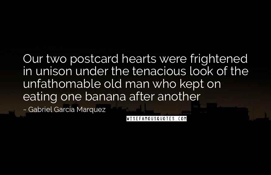 Gabriel Garcia Marquez Quotes: Our two postcard hearts were frightened in unison under the tenacious look of the unfathomable old man who kept on eating one banana after another