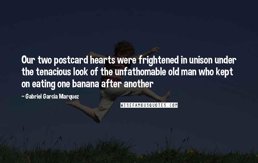 Gabriel Garcia Marquez Quotes: Our two postcard hearts were frightened in unison under the tenacious look of the unfathomable old man who kept on eating one banana after another