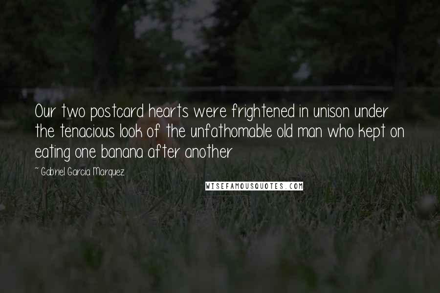 Gabriel Garcia Marquez Quotes: Our two postcard hearts were frightened in unison under the tenacious look of the unfathomable old man who kept on eating one banana after another