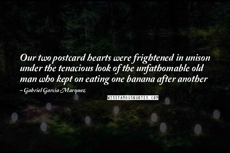 Gabriel Garcia Marquez Quotes: Our two postcard hearts were frightened in unison under the tenacious look of the unfathomable old man who kept on eating one banana after another