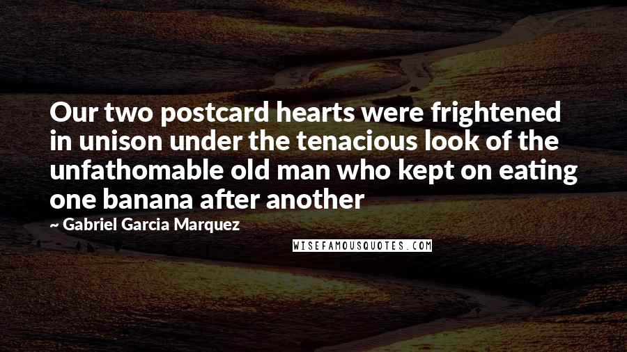 Gabriel Garcia Marquez Quotes: Our two postcard hearts were frightened in unison under the tenacious look of the unfathomable old man who kept on eating one banana after another
