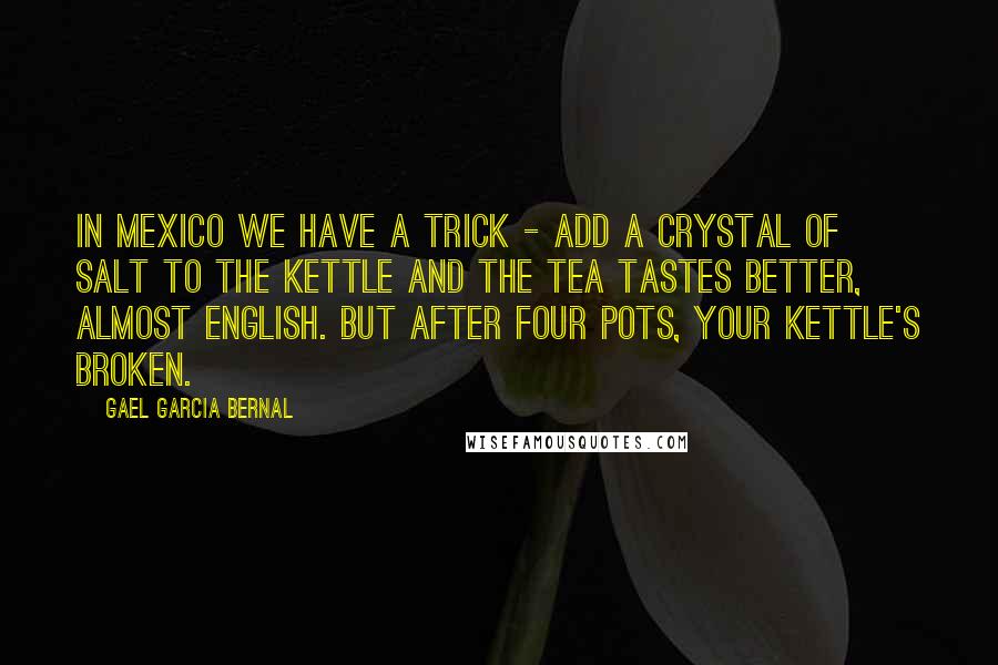 Gael Garcia Bernal Quotes: In Mexico we have a trick - add a crystal of salt to the kettle and the tea tastes better, almost English. But after four pots, your kettle's broken.