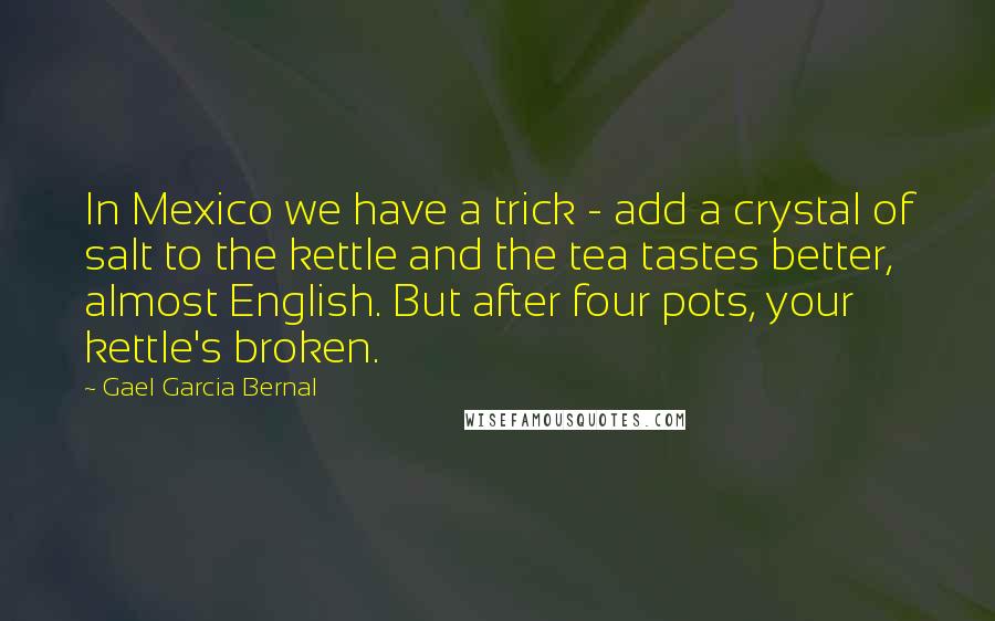 Gael Garcia Bernal Quotes: In Mexico we have a trick - add a crystal of salt to the kettle and the tea tastes better, almost English. But after four pots, your kettle's broken.