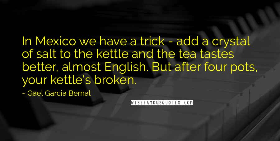 Gael Garcia Bernal Quotes: In Mexico we have a trick - add a crystal of salt to the kettle and the tea tastes better, almost English. But after four pots, your kettle's broken.