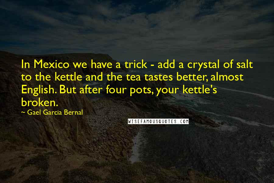 Gael Garcia Bernal Quotes: In Mexico we have a trick - add a crystal of salt to the kettle and the tea tastes better, almost English. But after four pots, your kettle's broken.