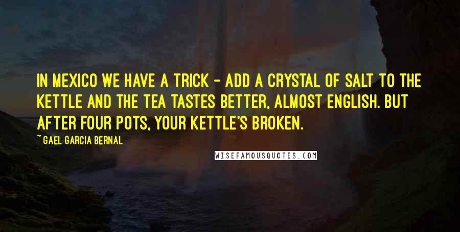 Gael Garcia Bernal Quotes: In Mexico we have a trick - add a crystal of salt to the kettle and the tea tastes better, almost English. But after four pots, your kettle's broken.