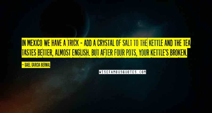 Gael Garcia Bernal Quotes: In Mexico we have a trick - add a crystal of salt to the kettle and the tea tastes better, almost English. But after four pots, your kettle's broken.