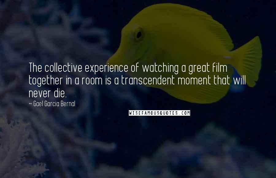 Gael Garcia Bernal Quotes: The collective experience of watching a great film together in a room is a transcendent moment that will never die.