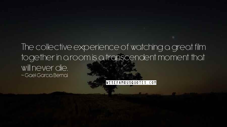 Gael Garcia Bernal Quotes: The collective experience of watching a great film together in a room is a transcendent moment that will never die.