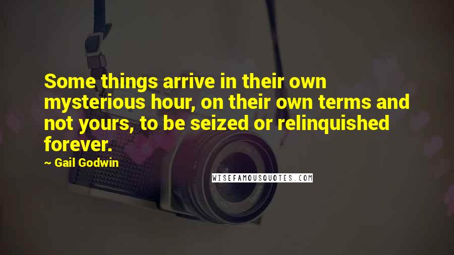 Gail Godwin Quotes: Some things arrive in their own mysterious hour, on their own terms and not yours, to be seized or relinquished forever.