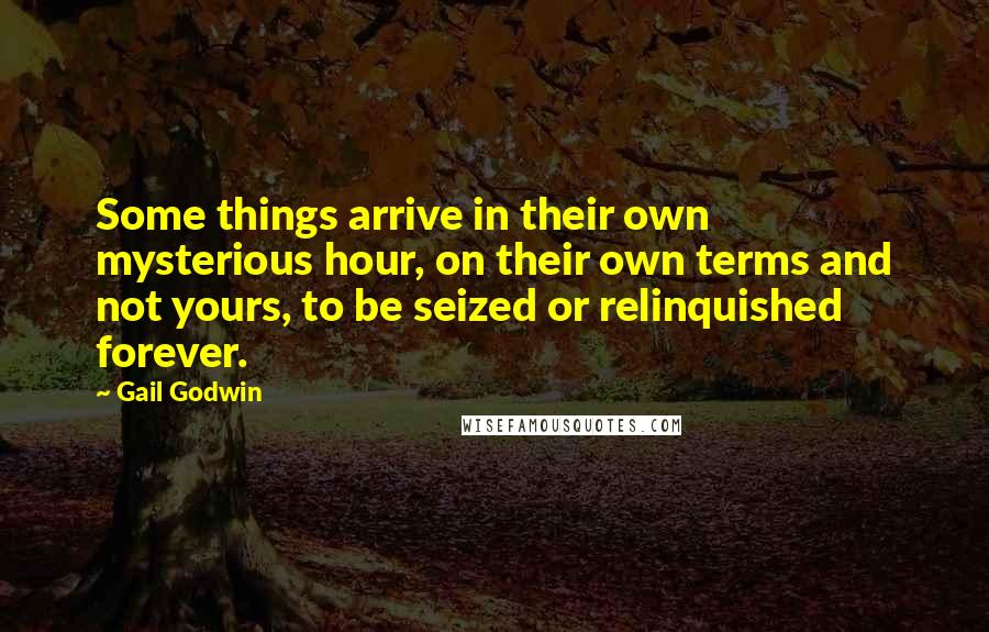 Gail Godwin Quotes: Some things arrive in their own mysterious hour, on their own terms and not yours, to be seized or relinquished forever.