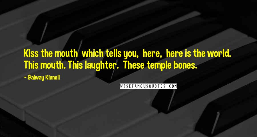 Galway Kinnell Quotes: Kiss the mouth  which tells you,  here,  here is the world.  This mouth. This laughter.  These temple bones.