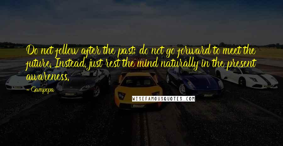 Gampopa Quotes: Do not follow after the past; do not go forward to meet the future. Instead, just rest the mind naturally in the present awareness.