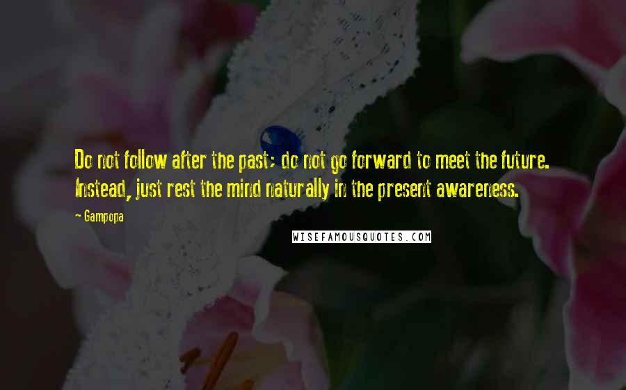 Gampopa Quotes: Do not follow after the past; do not go forward to meet the future. Instead, just rest the mind naturally in the present awareness.