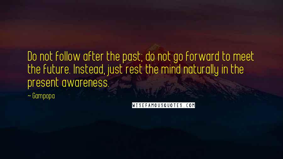 Gampopa Quotes: Do not follow after the past; do not go forward to meet the future. Instead, just rest the mind naturally in the present awareness.