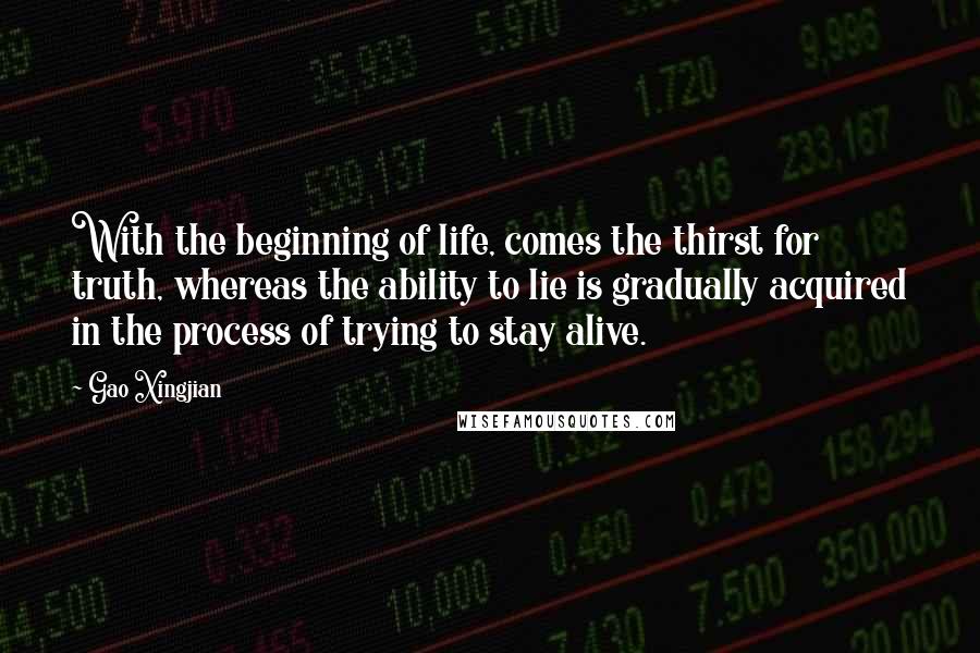 Gao Xingjian Quotes: With the beginning of life, comes the thirst for truth, whereas the ability to lie is gradually acquired in the process of trying to stay alive.