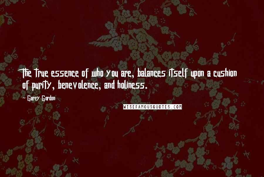 Garey Gordon Quotes: The true essence of who you are, balances itself upon a cushion of purity, benevolence, and holiness.