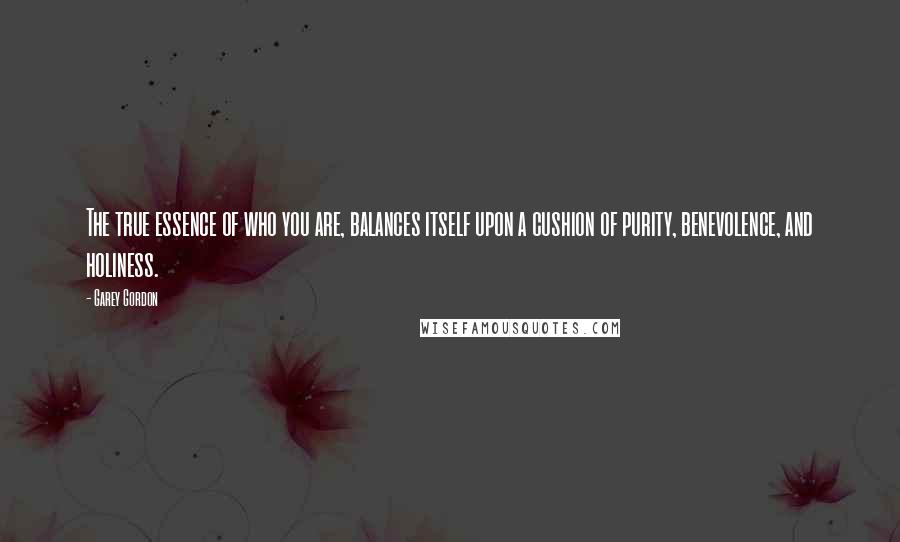 Garey Gordon Quotes: The true essence of who you are, balances itself upon a cushion of purity, benevolence, and holiness.