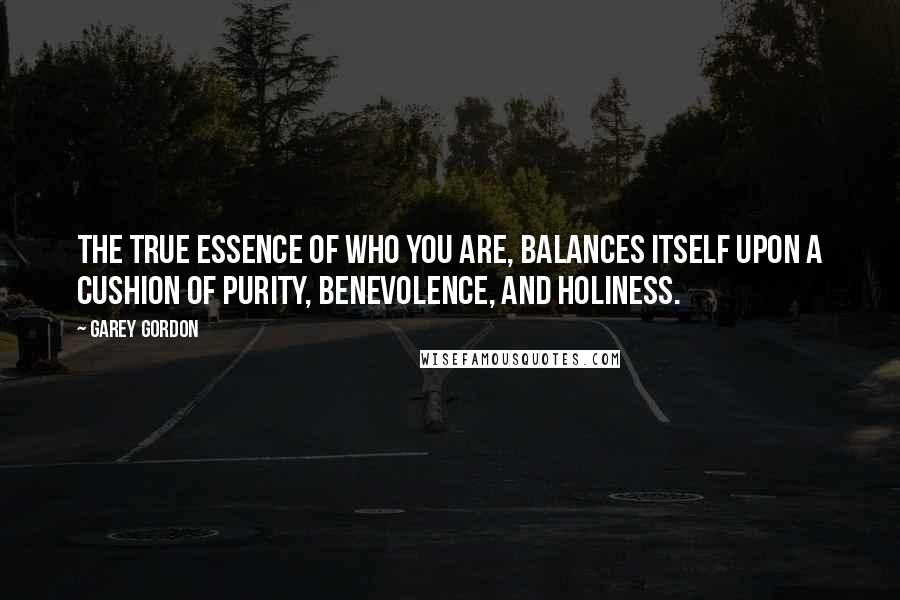 Garey Gordon Quotes: The true essence of who you are, balances itself upon a cushion of purity, benevolence, and holiness.