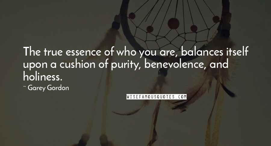 Garey Gordon Quotes: The true essence of who you are, balances itself upon a cushion of purity, benevolence, and holiness.