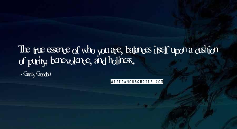 Garey Gordon Quotes: The true essence of who you are, balances itself upon a cushion of purity, benevolence, and holiness.