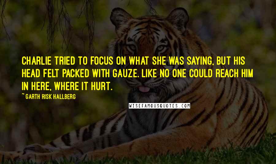Garth Risk Hallberg Quotes: Charlie tried to focus on what she was saying, but his head felt packed with gauze. Like no one could reach him in here, where it hurt.