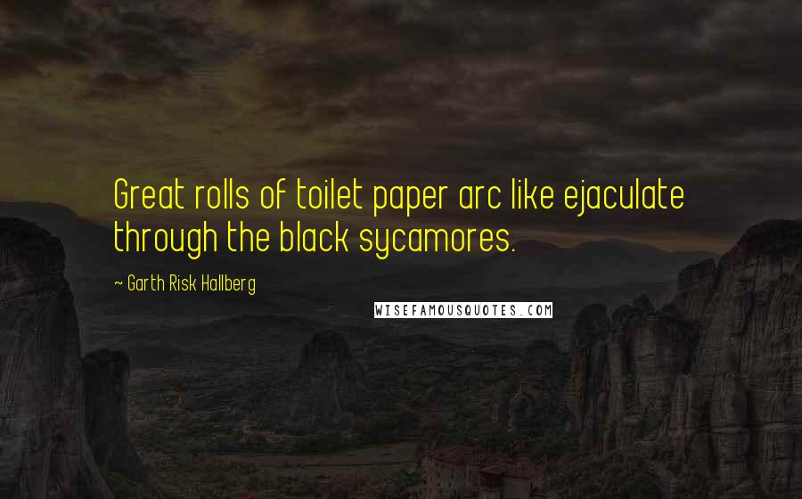 Garth Risk Hallberg Quotes: Great rolls of toilet paper arc like ejaculate through the black sycamores.
