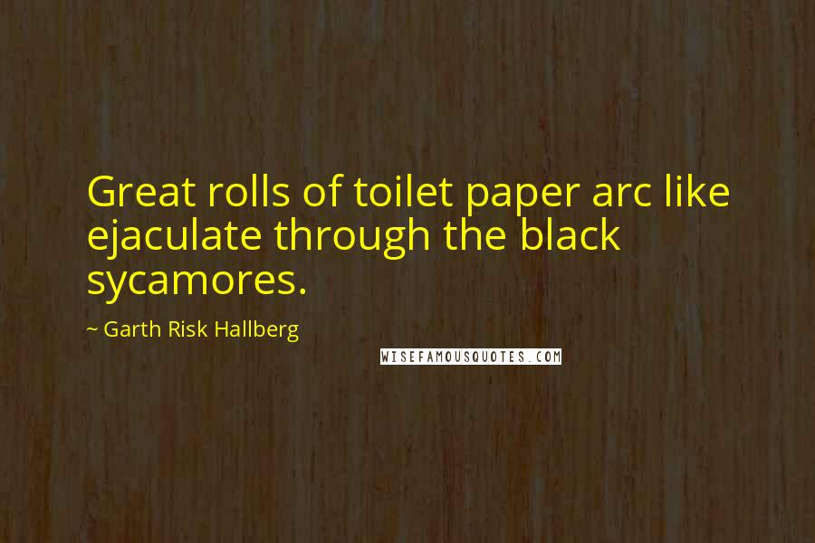 Garth Risk Hallberg Quotes: Great rolls of toilet paper arc like ejaculate through the black sycamores.