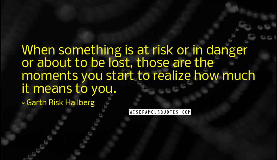 Garth Risk Hallberg Quotes: When something is at risk or in danger or about to be lost, those are the moments you start to realize how much it means to you.