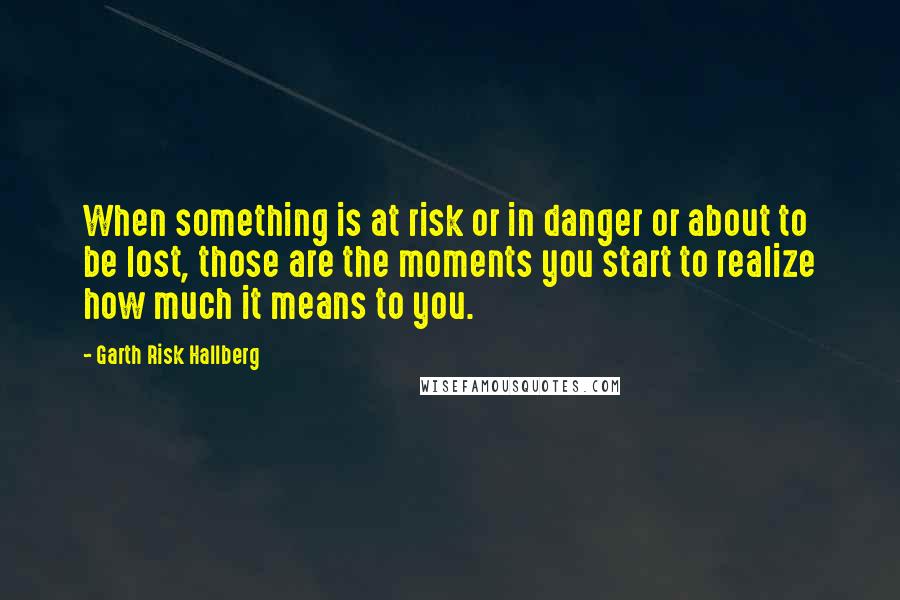 Garth Risk Hallberg Quotes: When something is at risk or in danger or about to be lost, those are the moments you start to realize how much it means to you.