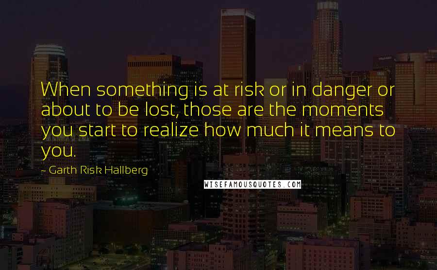 Garth Risk Hallberg Quotes: When something is at risk or in danger or about to be lost, those are the moments you start to realize how much it means to you.