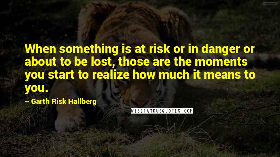 Garth Risk Hallberg Quotes: When something is at risk or in danger or about to be lost, those are the moments you start to realize how much it means to you.