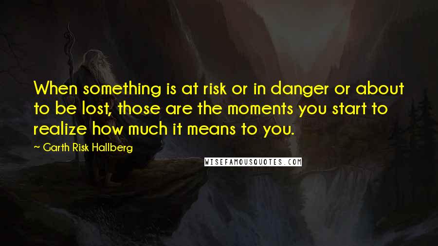 Garth Risk Hallberg Quotes: When something is at risk or in danger or about to be lost, those are the moments you start to realize how much it means to you.