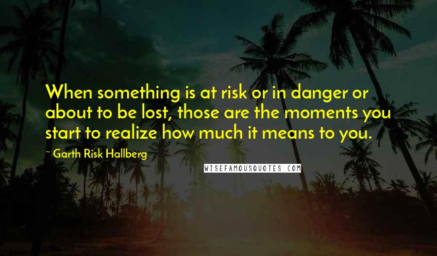 Garth Risk Hallberg Quotes: When something is at risk or in danger or about to be lost, those are the moments you start to realize how much it means to you.