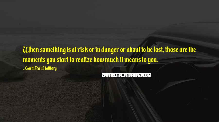 Garth Risk Hallberg Quotes: When something is at risk or in danger or about to be lost, those are the moments you start to realize how much it means to you.