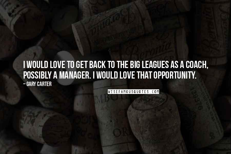 Gary Carter Quotes: I would love to get back to the big leagues as a coach, possibly a manager. I would love that opportunity.