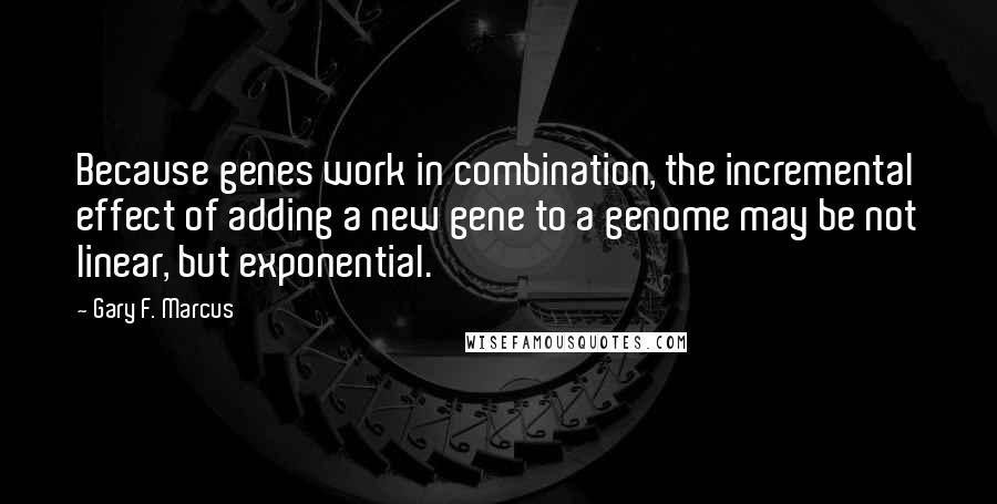 Gary F. Marcus Quotes: Because genes work in combination, the incremental effect of adding a new gene to a genome may be not linear, but exponential.