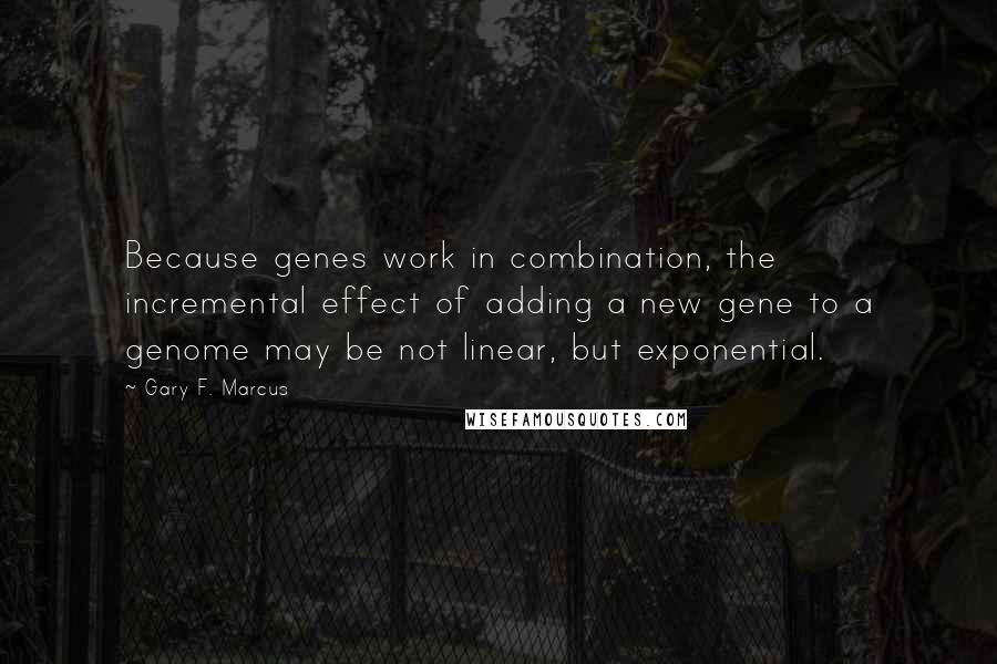 Gary F. Marcus Quotes: Because genes work in combination, the incremental effect of adding a new gene to a genome may be not linear, but exponential.