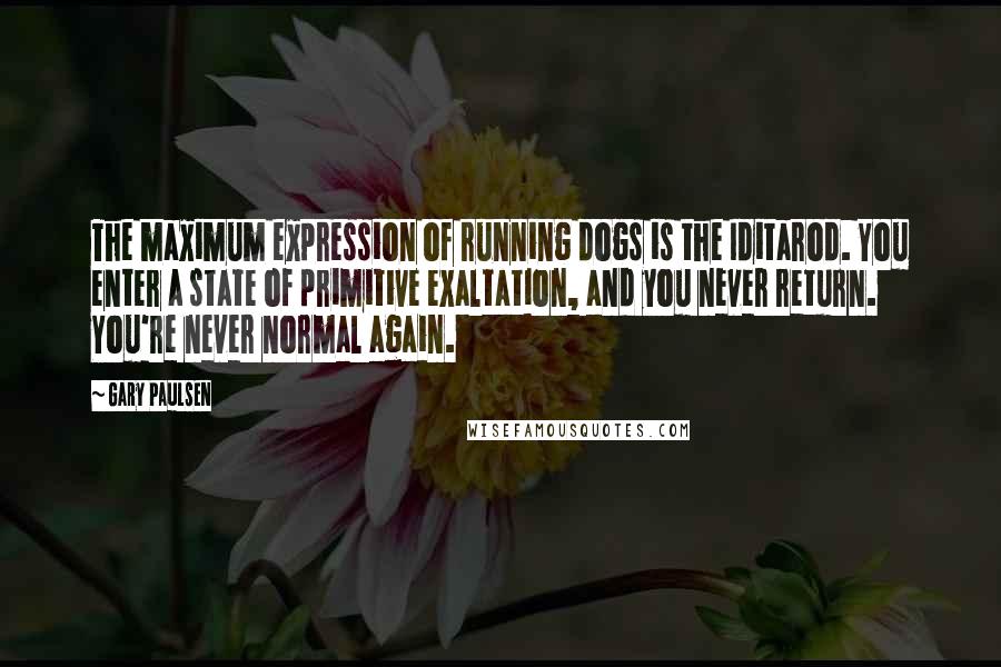 Gary Paulsen Quotes: The maximum expression of running dogs is the Iditarod. You enter a state of primitive exaltation, and you never return. You're never normal again.