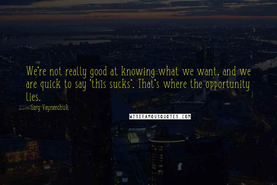 Gary Vaynerchuk Quotes: We're not really good at knowing what we want, and we are quick to say 'this sucks'. That's where the opportunity lies.