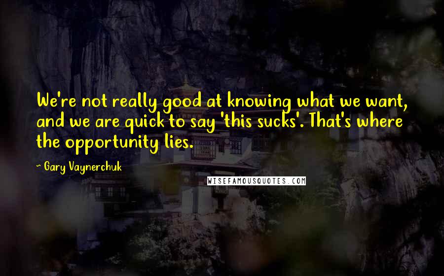 Gary Vaynerchuk Quotes: We're not really good at knowing what we want, and we are quick to say 'this sucks'. That's where the opportunity lies.