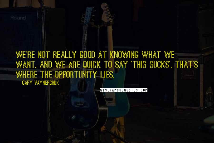 Gary Vaynerchuk Quotes: We're not really good at knowing what we want, and we are quick to say 'this sucks'. That's where the opportunity lies.