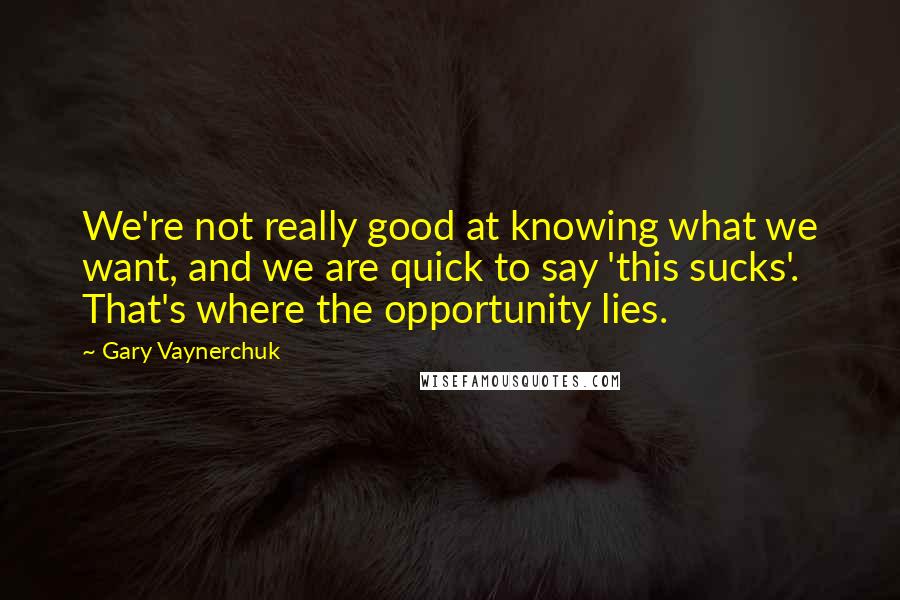 Gary Vaynerchuk Quotes: We're not really good at knowing what we want, and we are quick to say 'this sucks'. That's where the opportunity lies.