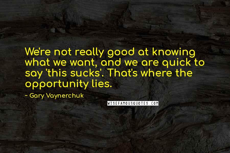 Gary Vaynerchuk Quotes: We're not really good at knowing what we want, and we are quick to say 'this sucks'. That's where the opportunity lies.