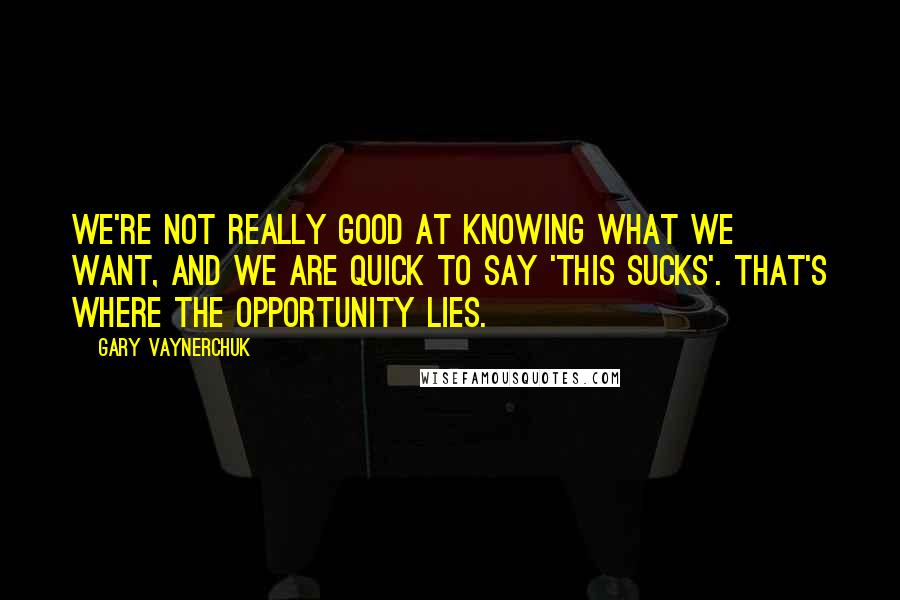 Gary Vaynerchuk Quotes: We're not really good at knowing what we want, and we are quick to say 'this sucks'. That's where the opportunity lies.