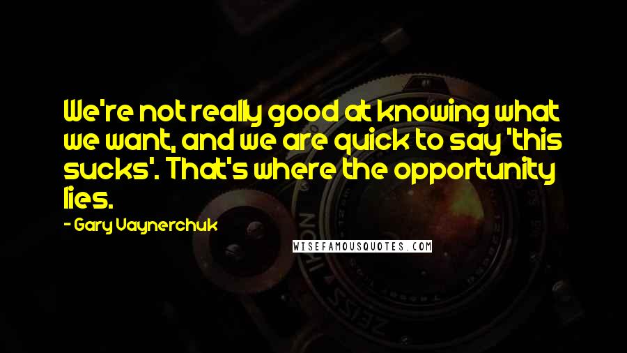 Gary Vaynerchuk Quotes: We're not really good at knowing what we want, and we are quick to say 'this sucks'. That's where the opportunity lies.
