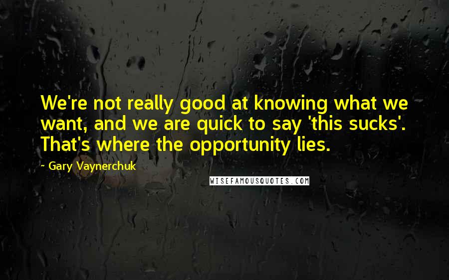 Gary Vaynerchuk Quotes: We're not really good at knowing what we want, and we are quick to say 'this sucks'. That's where the opportunity lies.