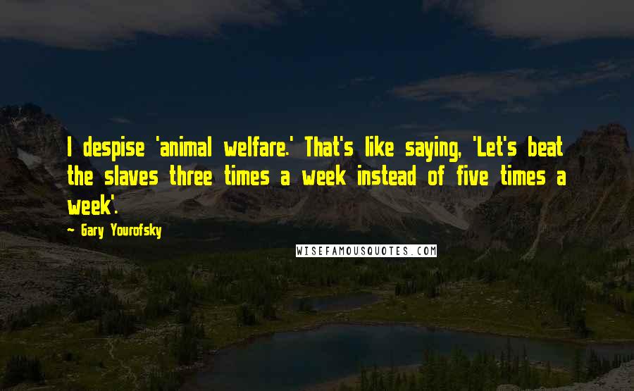 Gary Yourofsky Quotes: I despise 'animal welfare.' That's like saying, 'Let's beat the slaves three times a week instead of five times a week'.