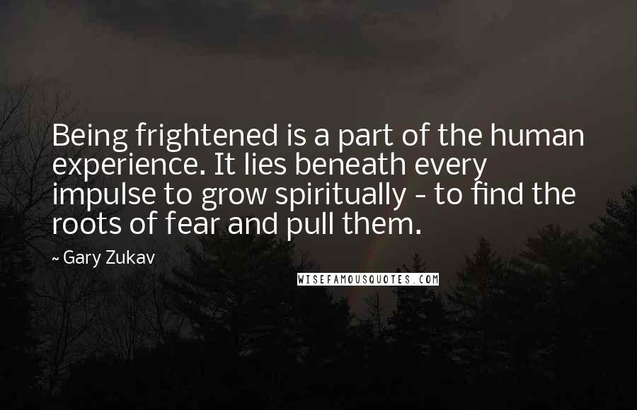 Gary Zukav Quotes: Being frightened is a part of the human experience. It lies beneath every impulse to grow spiritually - to find the roots of fear and pull them.